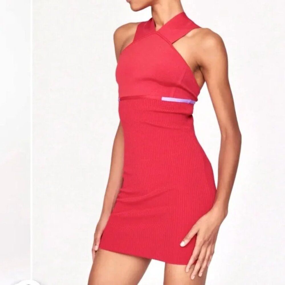 Hervé Léger luxe Halter RED ribbed Bandage Sheath party mini Dress Like New LG - Picture 9 of 12